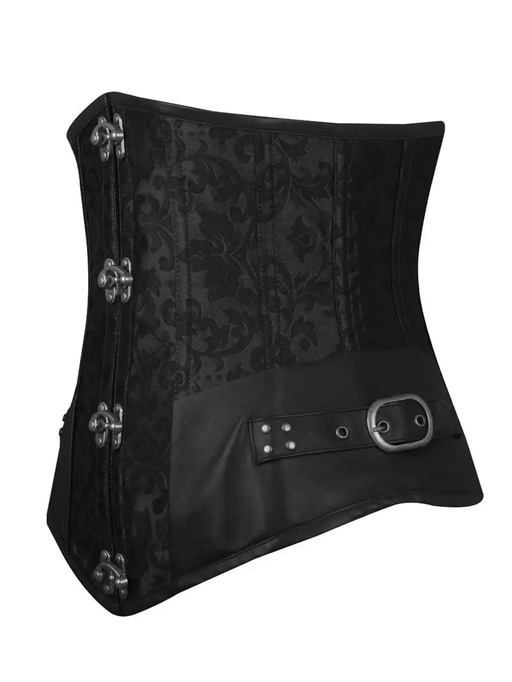 Steampunk Brocade Front Zipper Black Lace Up Waist Leather Corset