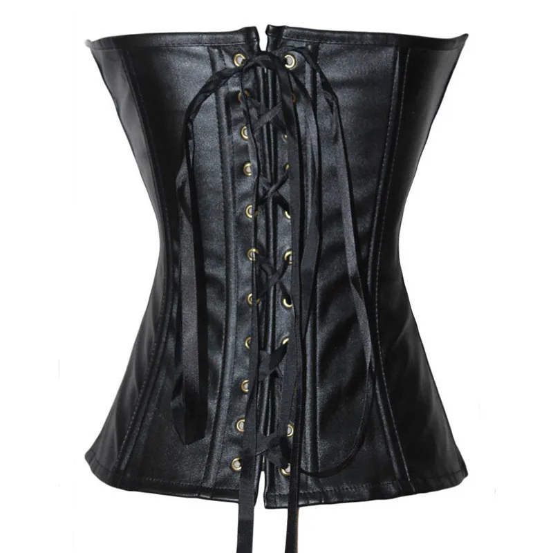 Black faux leather corset with lace-up back detail and metal grommets, shown on white background