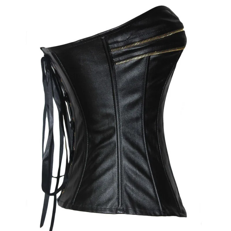 Side angle of black faux leather corset with gold zipper trim, white background