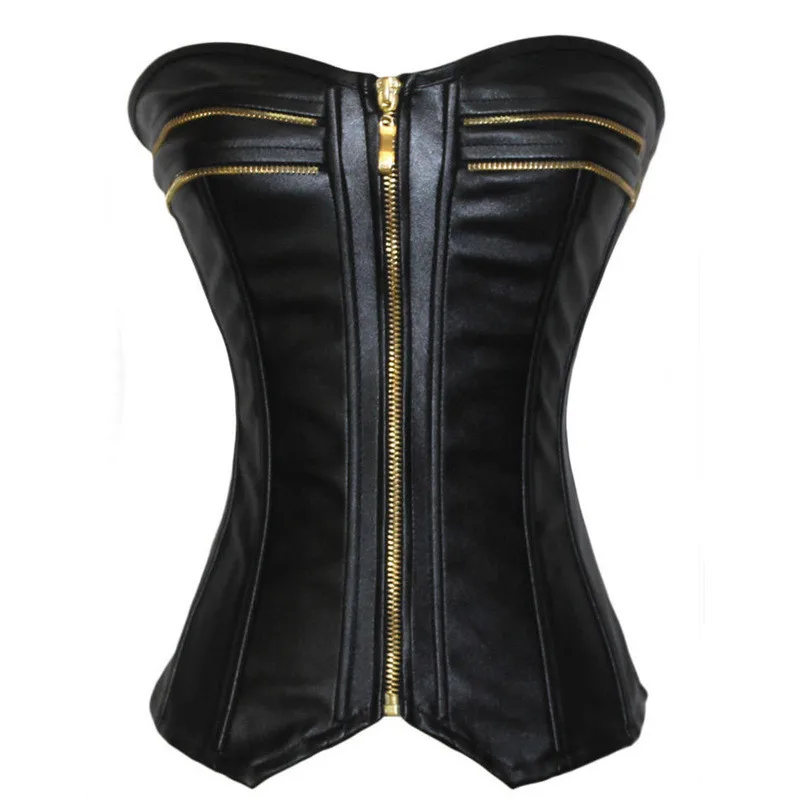 Black faux leather corset with gold zippers and center zip closure, front view on white background
