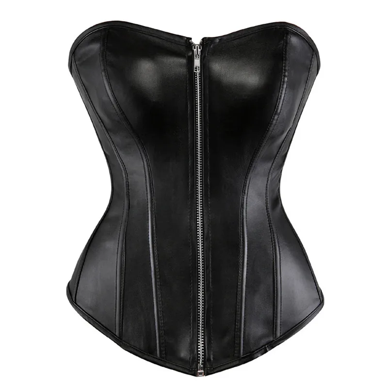 Black faux leather corset with front silver zipper, shown on white background
