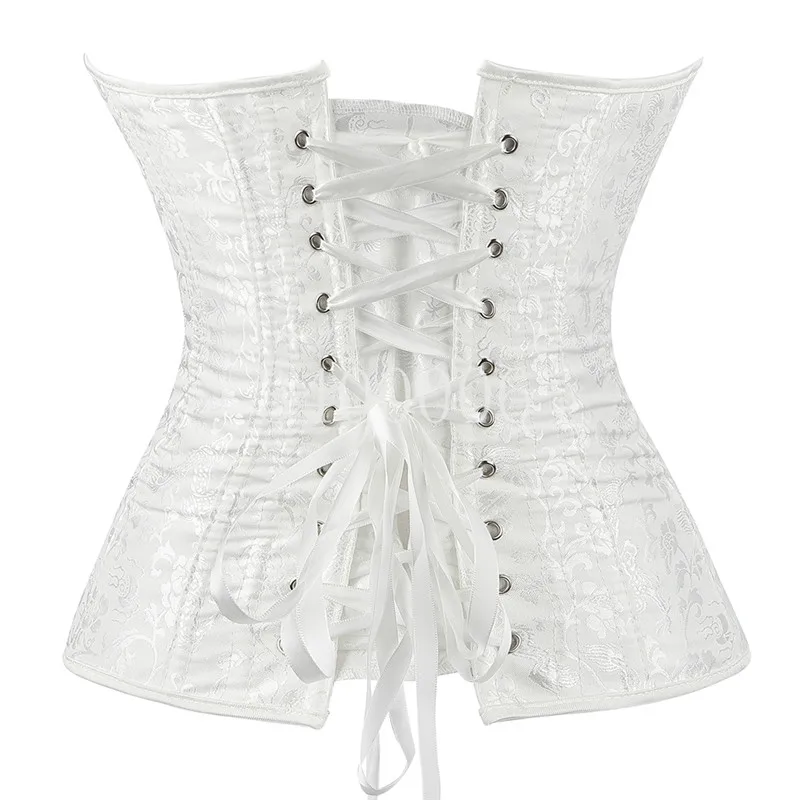 White floral brocade corset with ribbon lacing up the back, product photo on white background