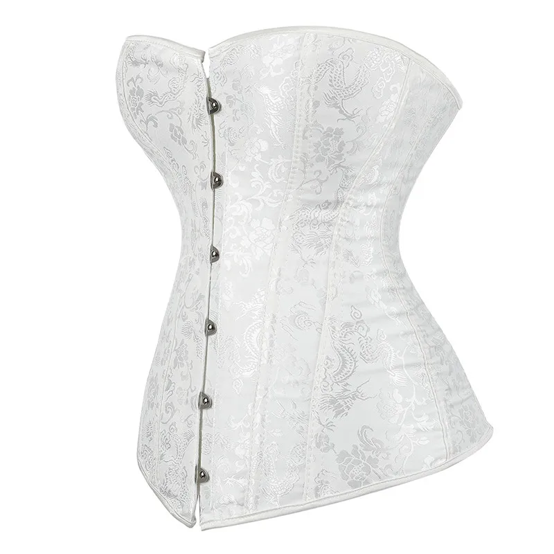 White floral brocade corset viewed from the side and back, showing metal hook closures and ribbon lacing, on a clean white background