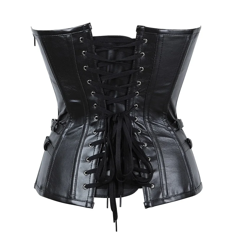 Black faux leather corset shown from behind with crisscross lace-up back and buckle straps, product photo on white background