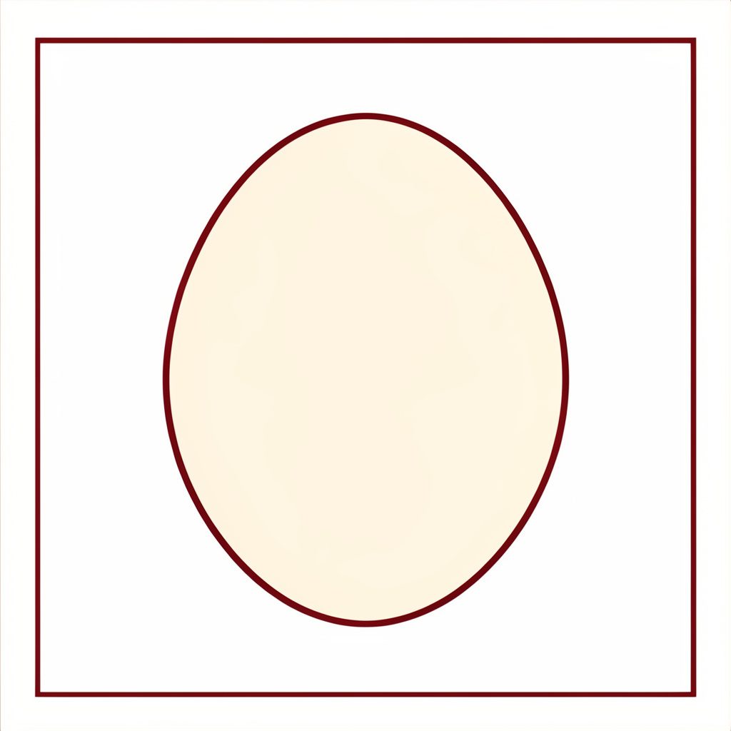 Minimal line drawing of a rounded oval silhouette in warm cream on white, framed by a thin maroon border