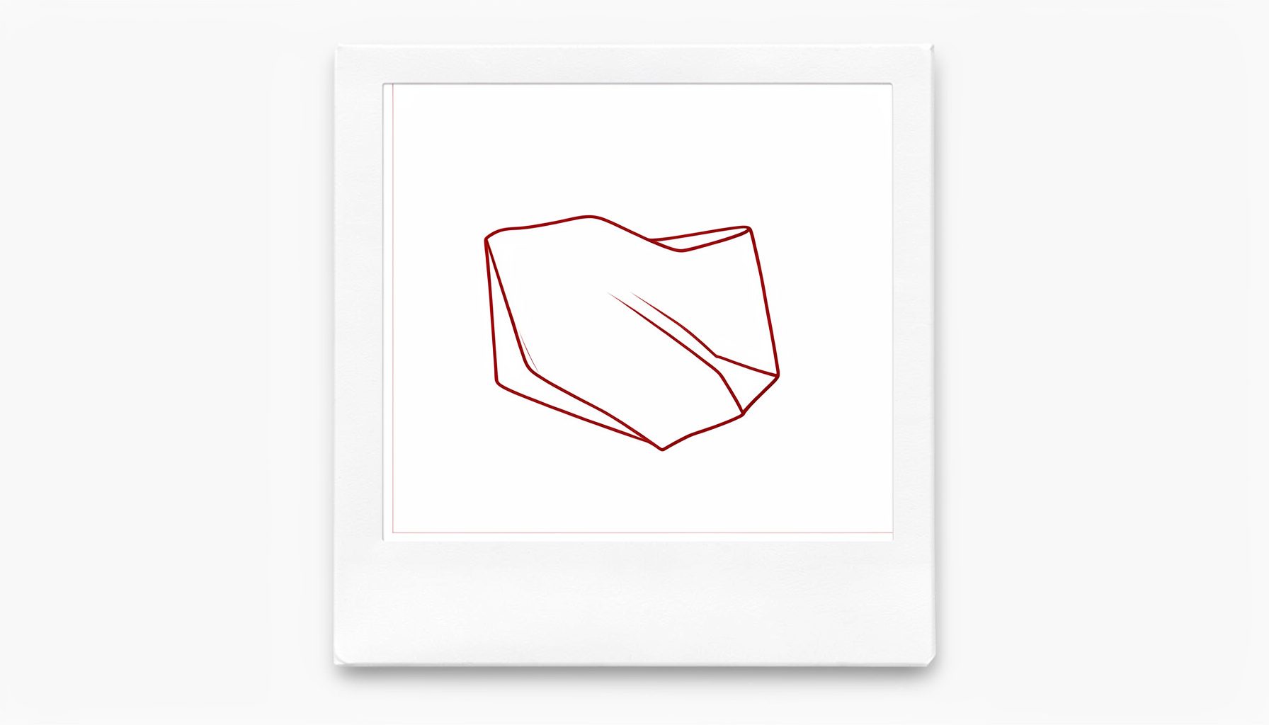 Minimal line drawing of a folded fabric outline, framed like a polaroid photo on a white card